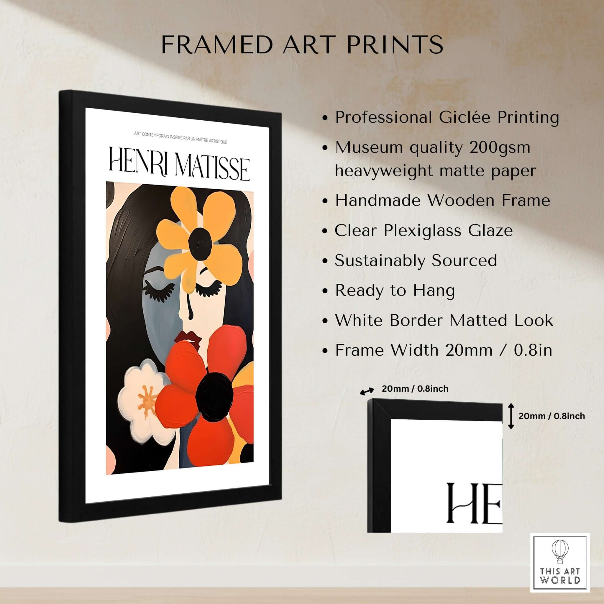 Matisse Art Prints -  Woman with Flowers Abstract Art Print framed, showcasing vibrant colors and professional quality craftsmanship.