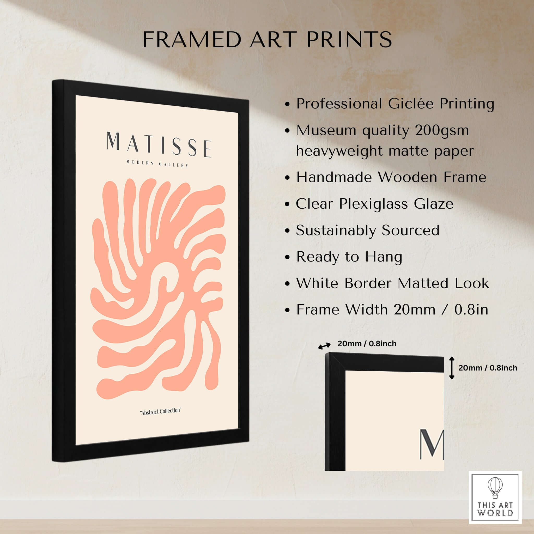 Matisse Art Prints - Peach Coral Swirl Abstract Poster in a stylish frame with professional Giclée printing.