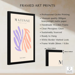 Matisse Art Prints - Purple Peach Abstract Leaves Poster displayed in a framed giclée print with a wooden frame and white border.