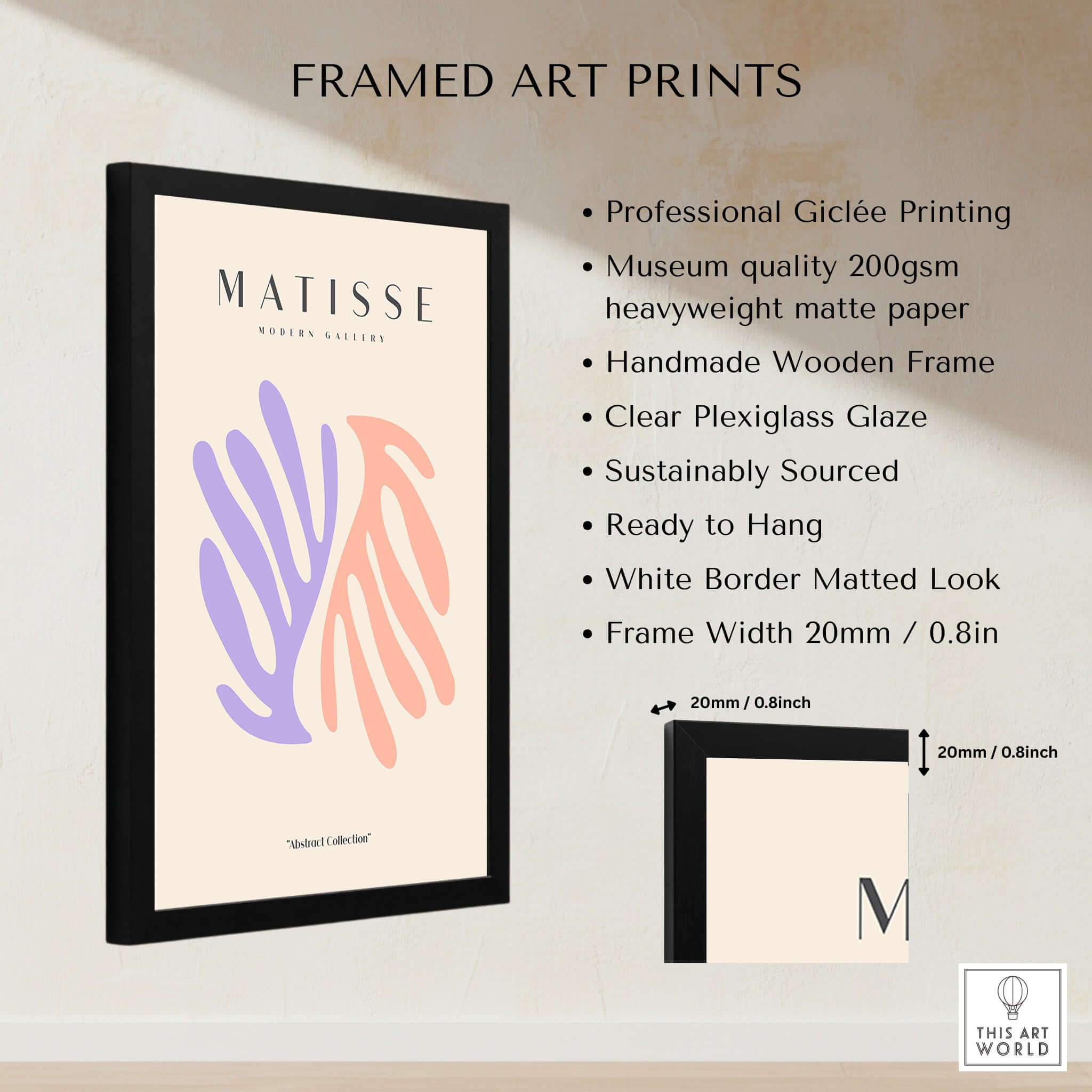 Matisse Art Prints - Purple Peach Abstract Leaves Poster displayed in a framed giclée print with a wooden frame and white border.