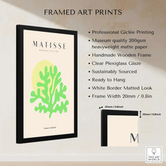 Matisse Art Prints - Lime Green Coral Abstract Sun Print showcased in a framed Giclée print with a modern design.