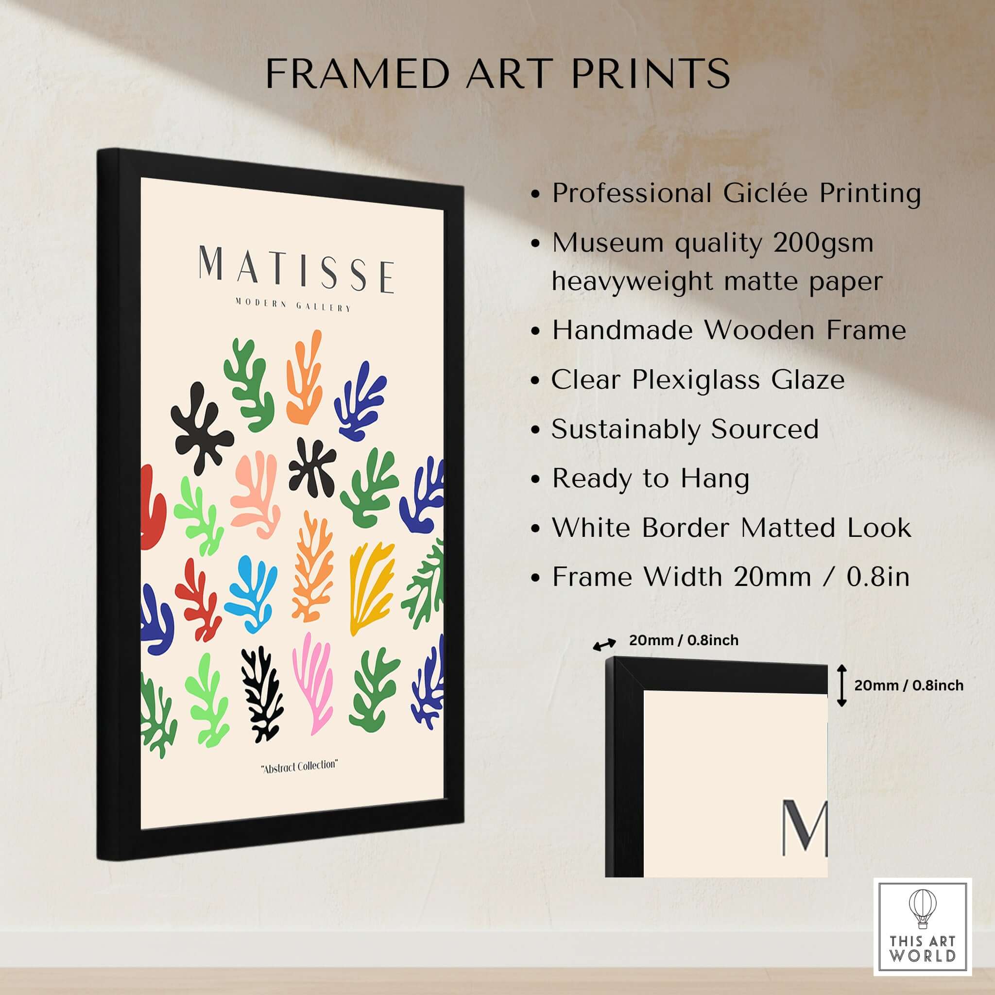 Matisse Art Prints - Colorful Abstract Shapes Scatter Print in a framed display with colorful botanical shapes.