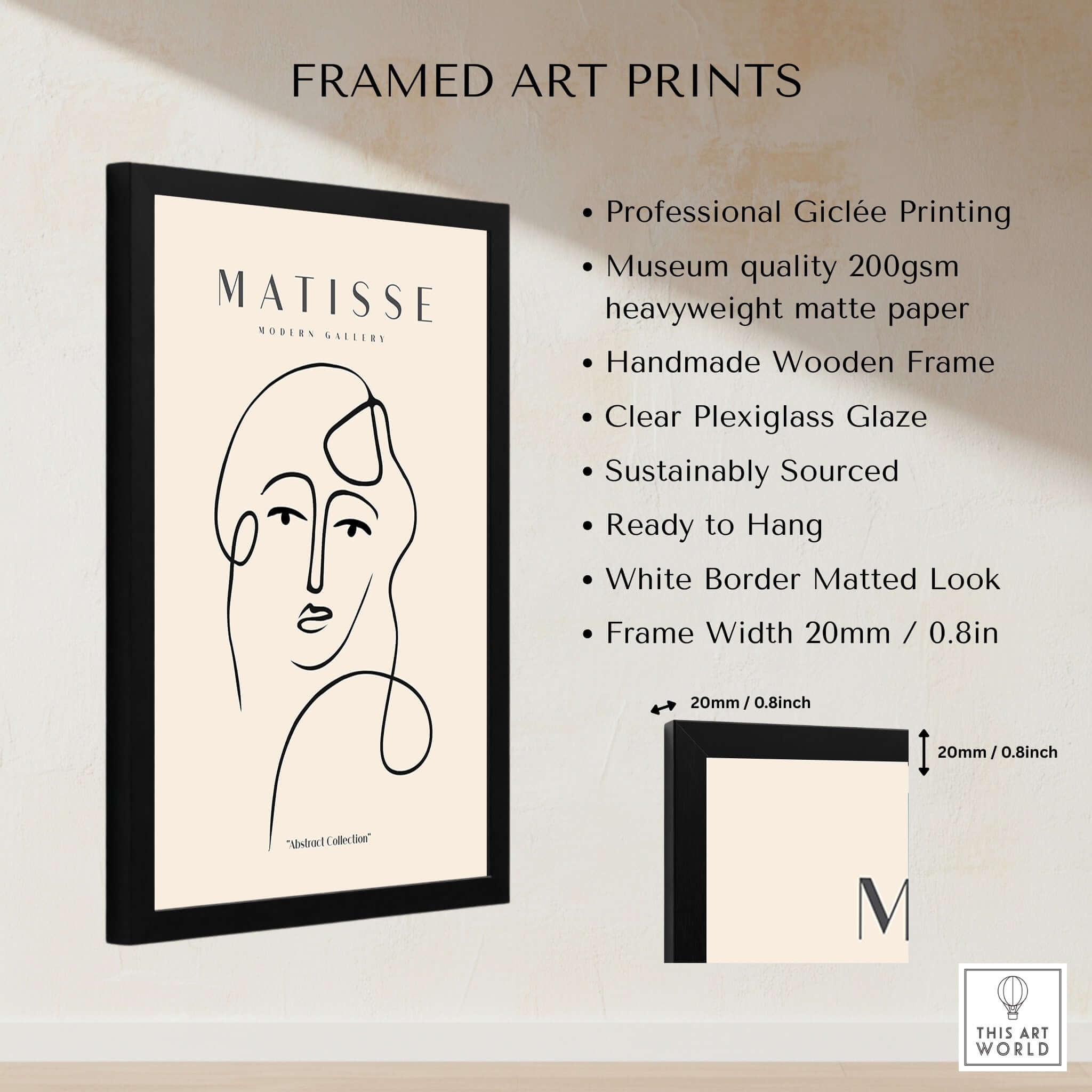 Matisse Art Prints - Continuous Line Abstract Face Poster with professional Giclée printing and wooden frame.