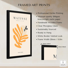 Matisse Art Prints - Orange Leaf Bird Silhouette Poster, framed art print with orange leaf and black bird silhouette.