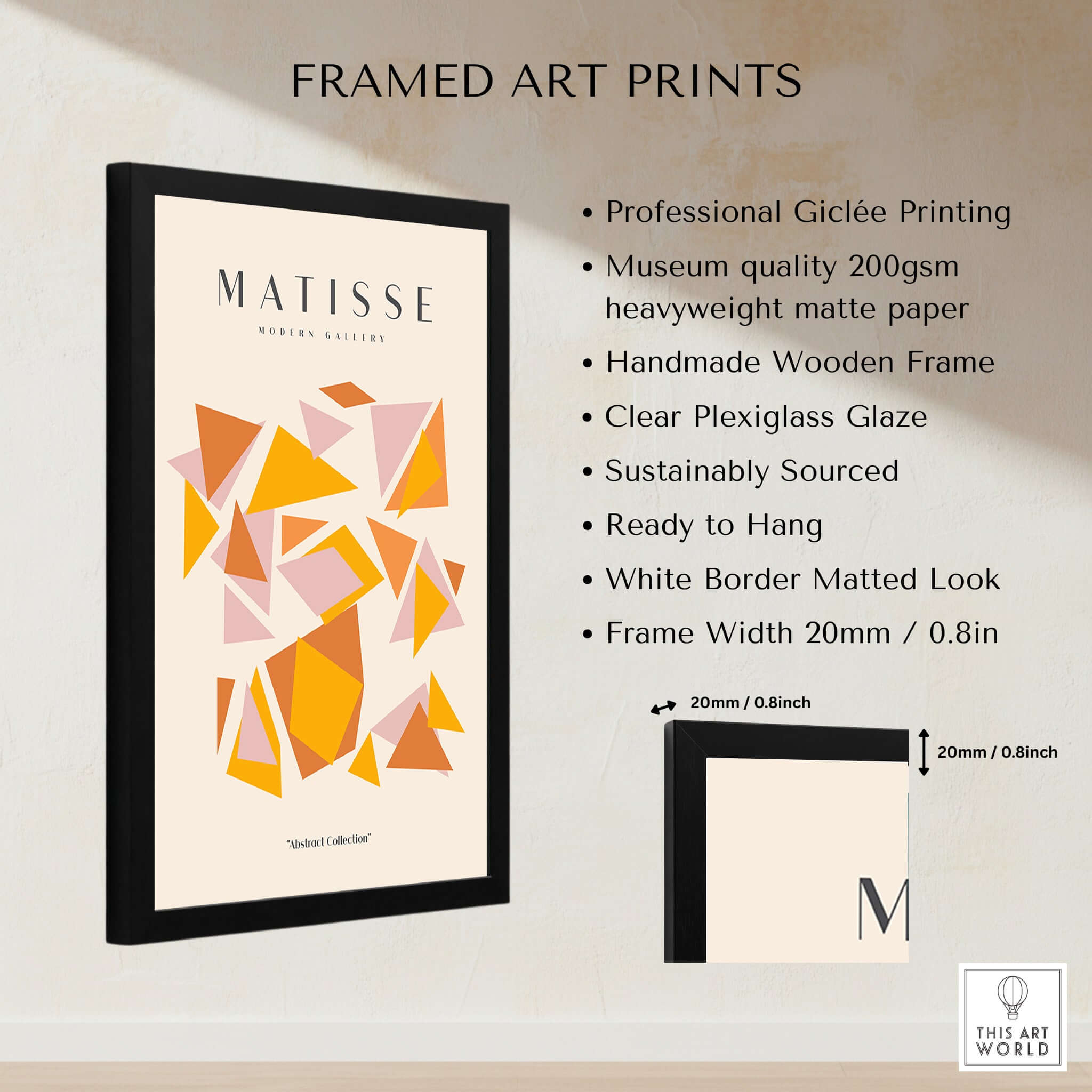 Matisse Art Prints - Warm Tone Geometric Triangles Poster framed with black wooden frame and clear plexiglass.