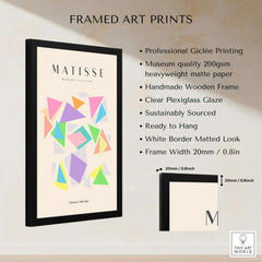 Matisse Art Prints - Colorful Geometric Triangles Poster framed with wooden frame and plexiglass, featuring vibrant triangular shapes.