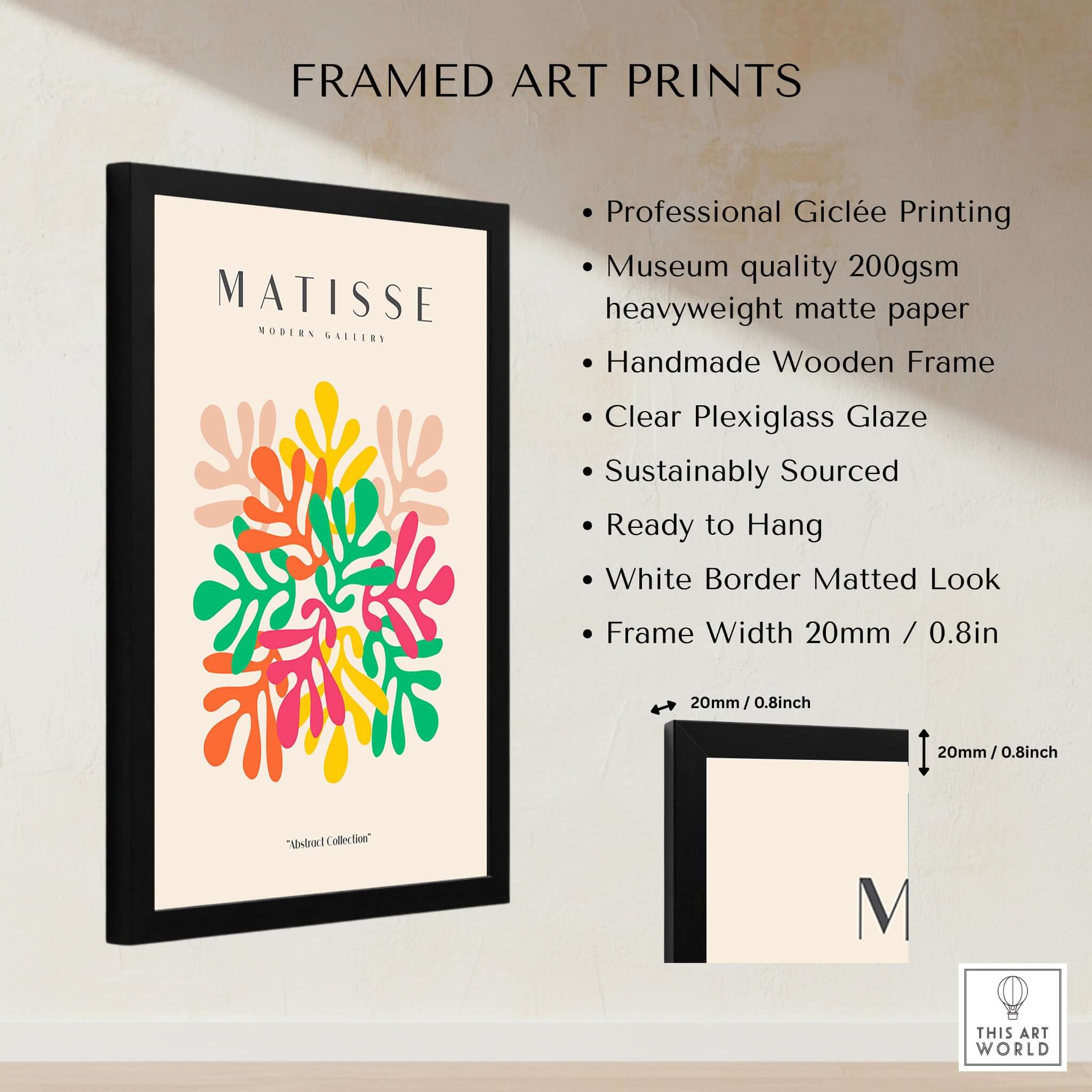 Matisse Art Prints - Interlocking Colorful Leaves Abstract Print in a framed display highlighting vibrant colors and modern design.