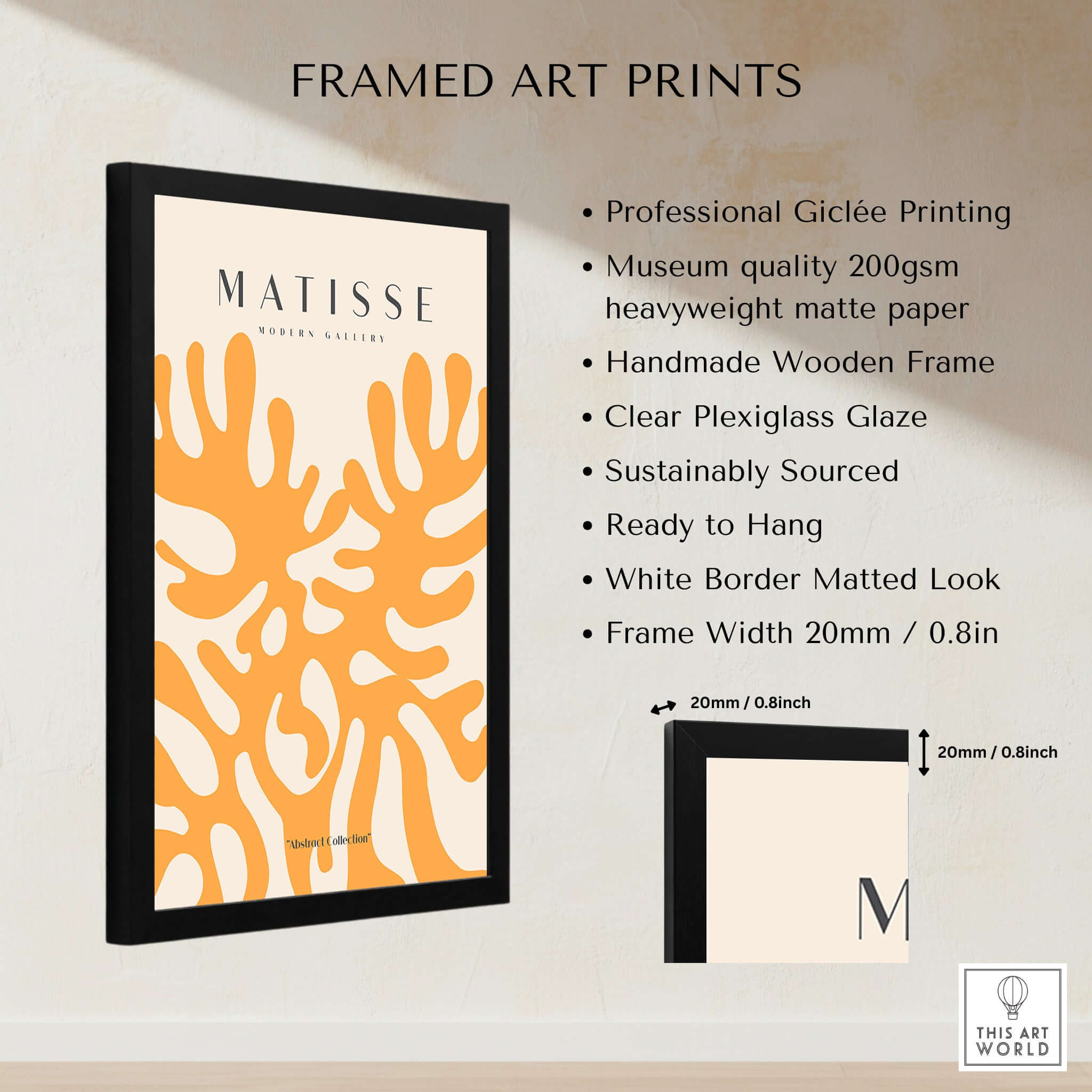 Matisse Art Prints - Orange Abstract Coral Pattern Poster framed with professional Giclée printing and wooden frame.