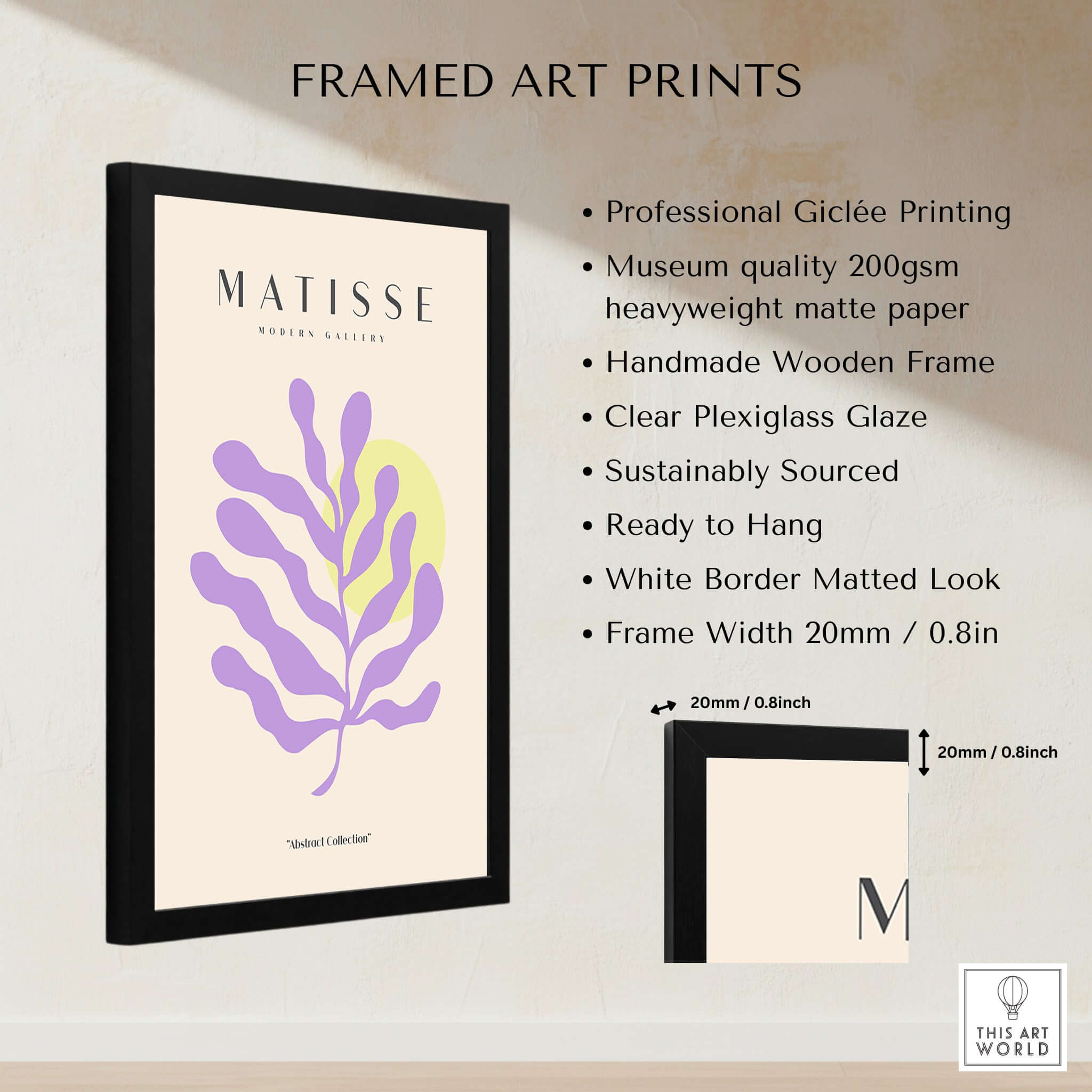 Matisse Art Prints - Purple Botanical Abstract Poster displayed in a black frame with professional Giclée printing and details.