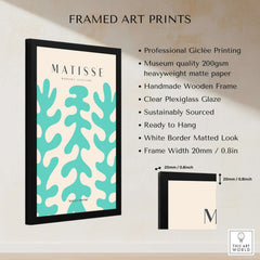 Matisse Art Prints - Teal Coral Pattern Abstract Wall Art framed with black wooden frame, showcasing vibrant teal coral pattern.