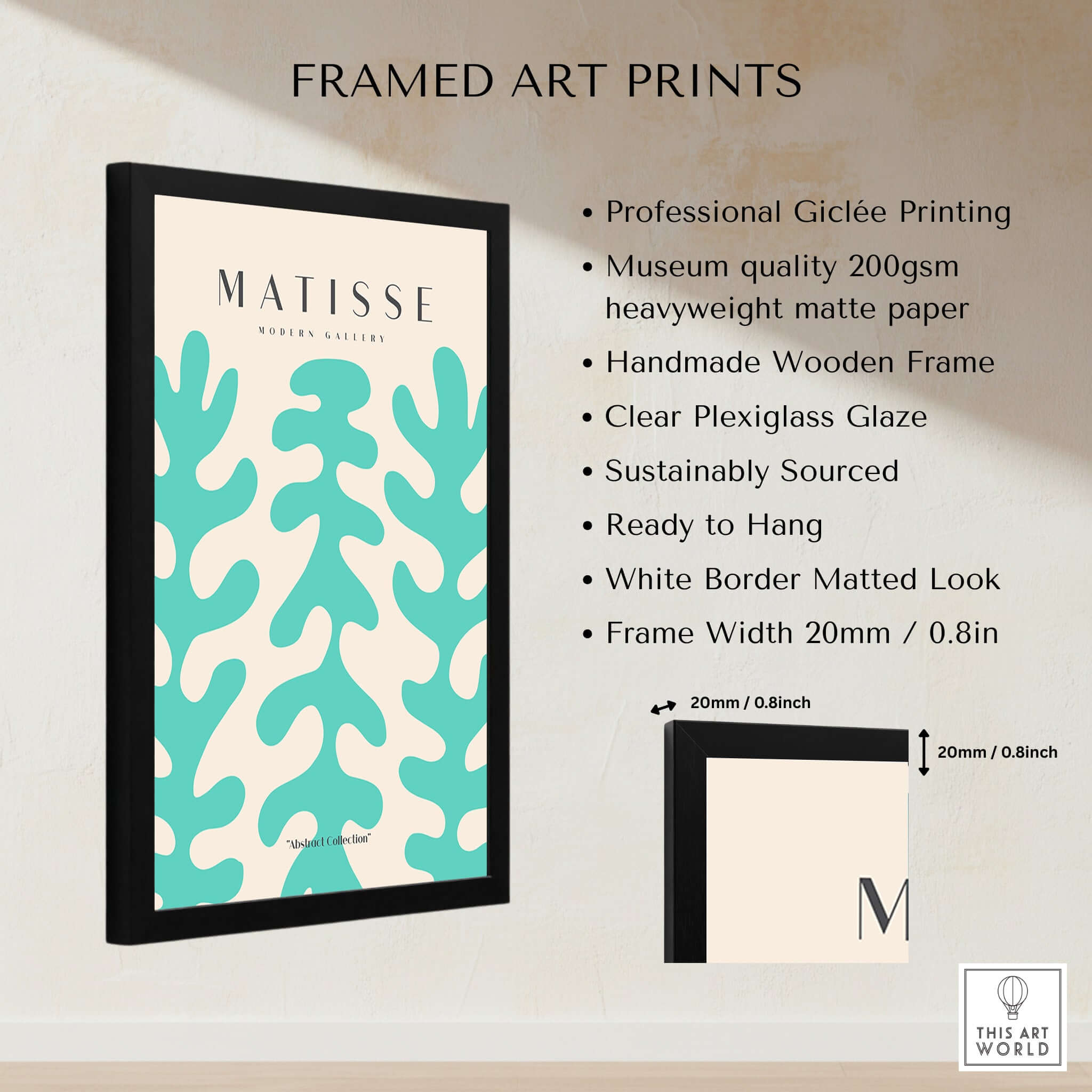 Matisse Art Prints - Teal Coral Pattern Abstract Wall Art framed with black wooden frame, showcasing vibrant teal coral pattern.