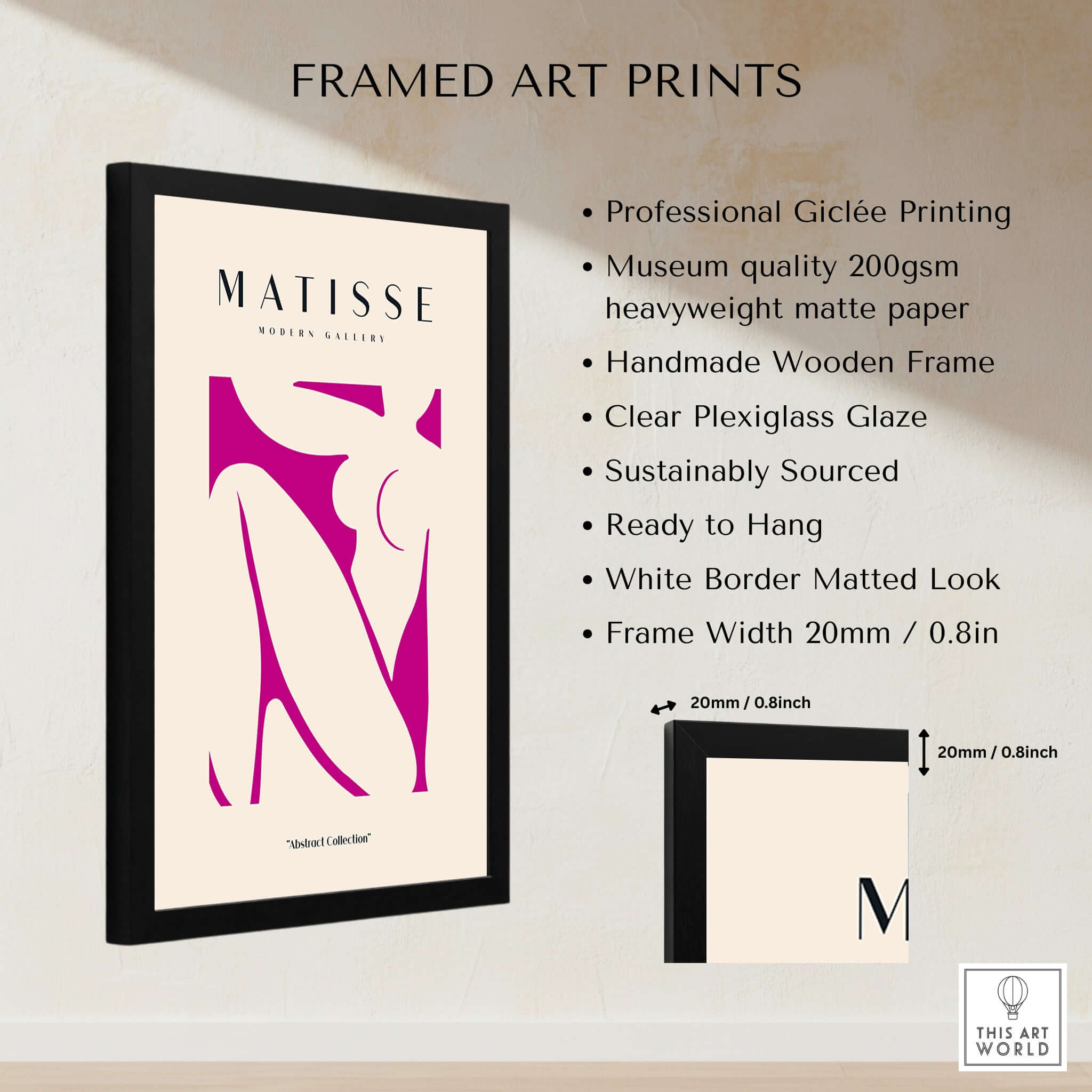 Matisse Art Prints - Pink Abstract Nude Figure Art Print framed in a black wooden frame with clear plexiglass.
