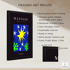 Matisse Art Prints - Stars Leaves Night Sky Abstract Print framed art print showcasing vibrant yellow star and green leaves.