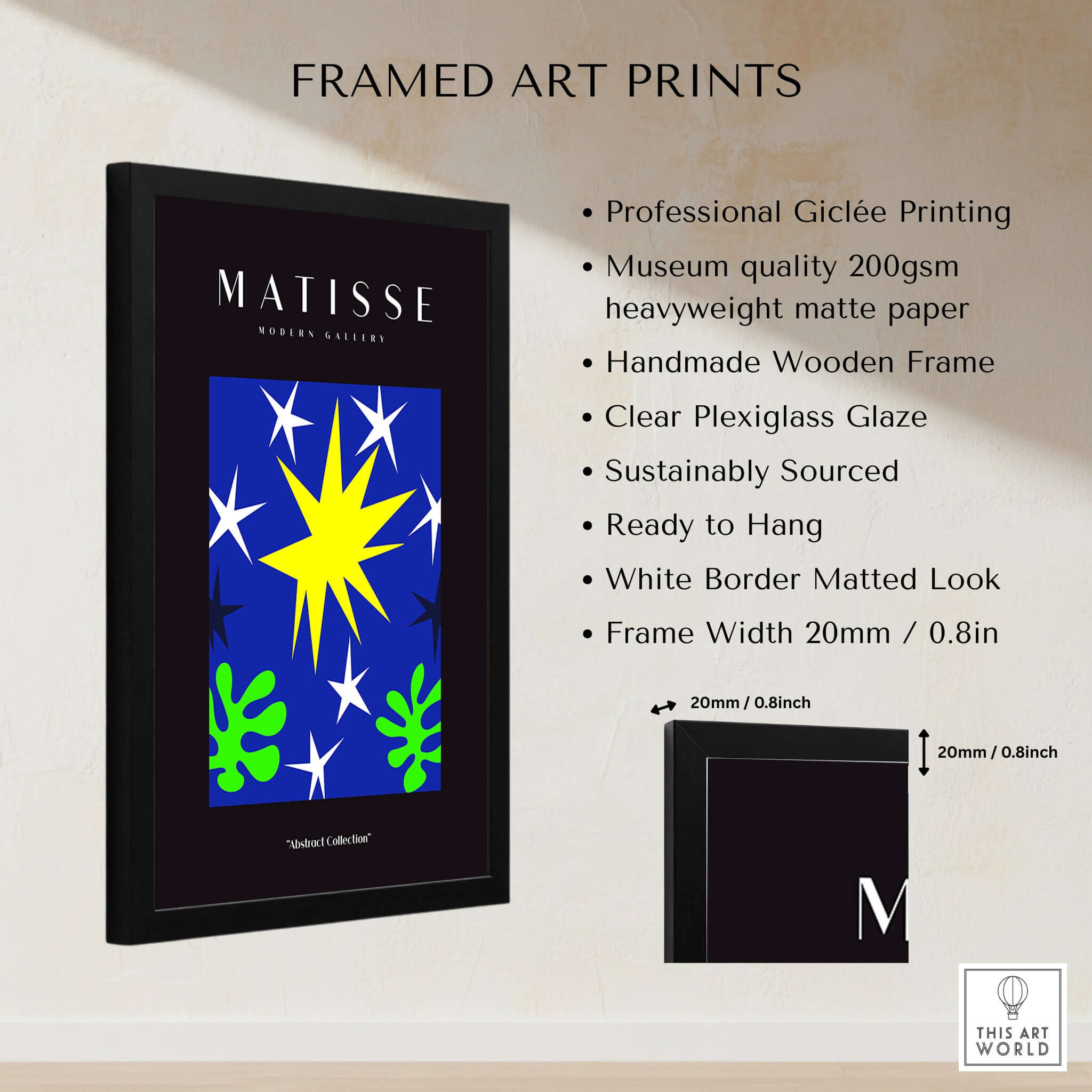 Matisse Art Prints - Stars Leaves Night Sky Abstract Print framed art print showcasing vibrant yellow star and green leaves.