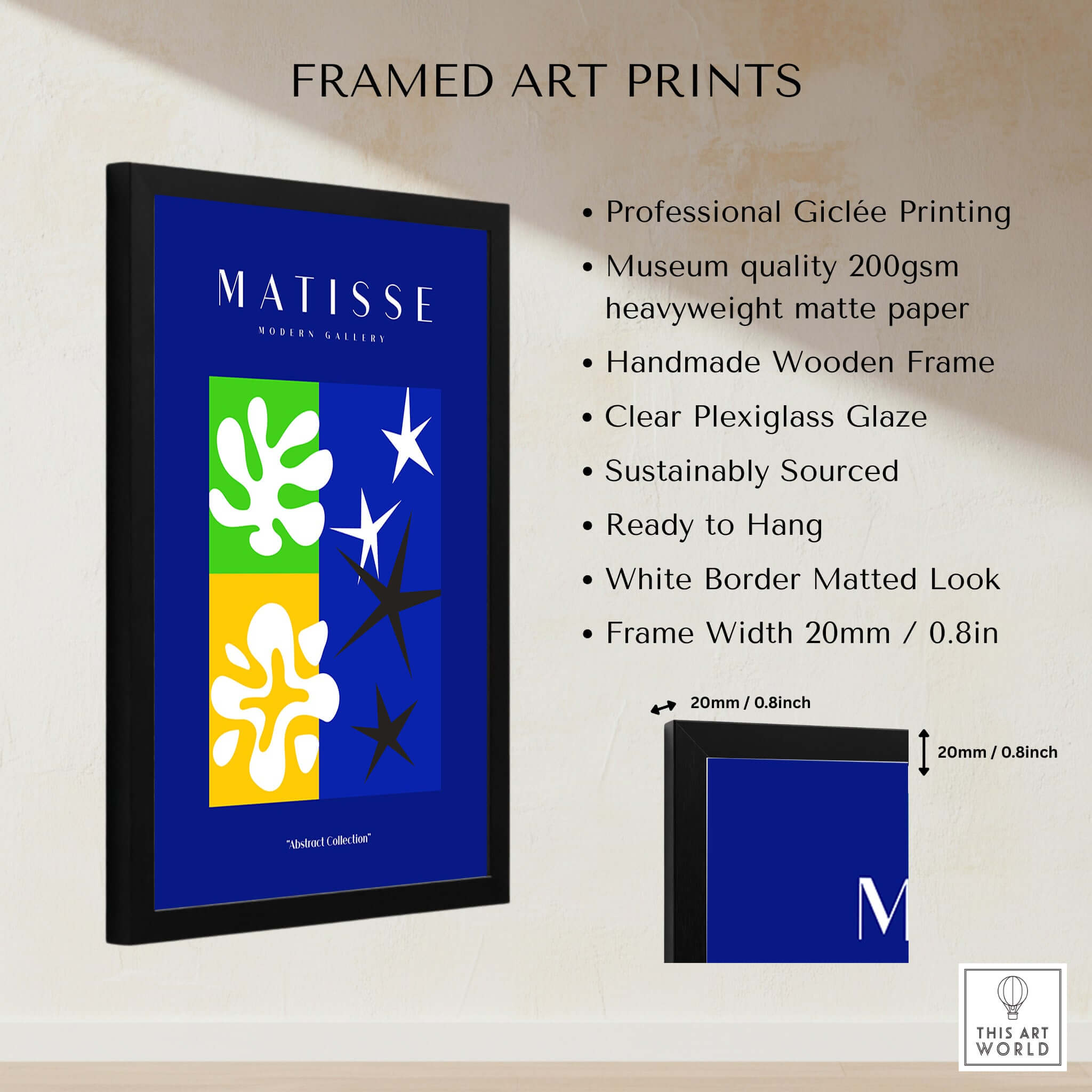 Matisse Art Prints - Abstract Blue Poster featuring professional giclée printing and handmade wooden frame.