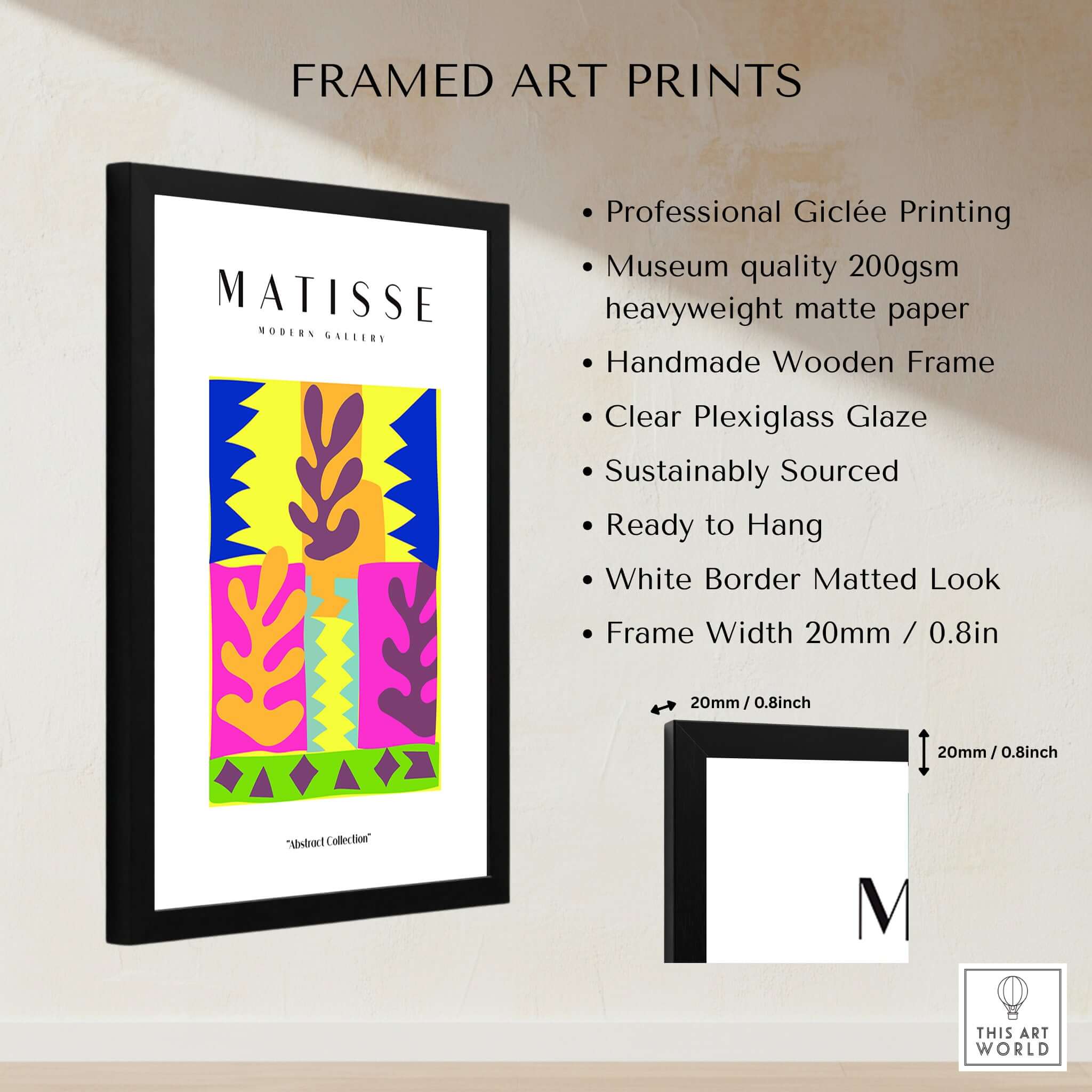 Matisse Art Prints - Colorful Abstract Leaves Blocks Wall Art in framed presentation with detailed product features.