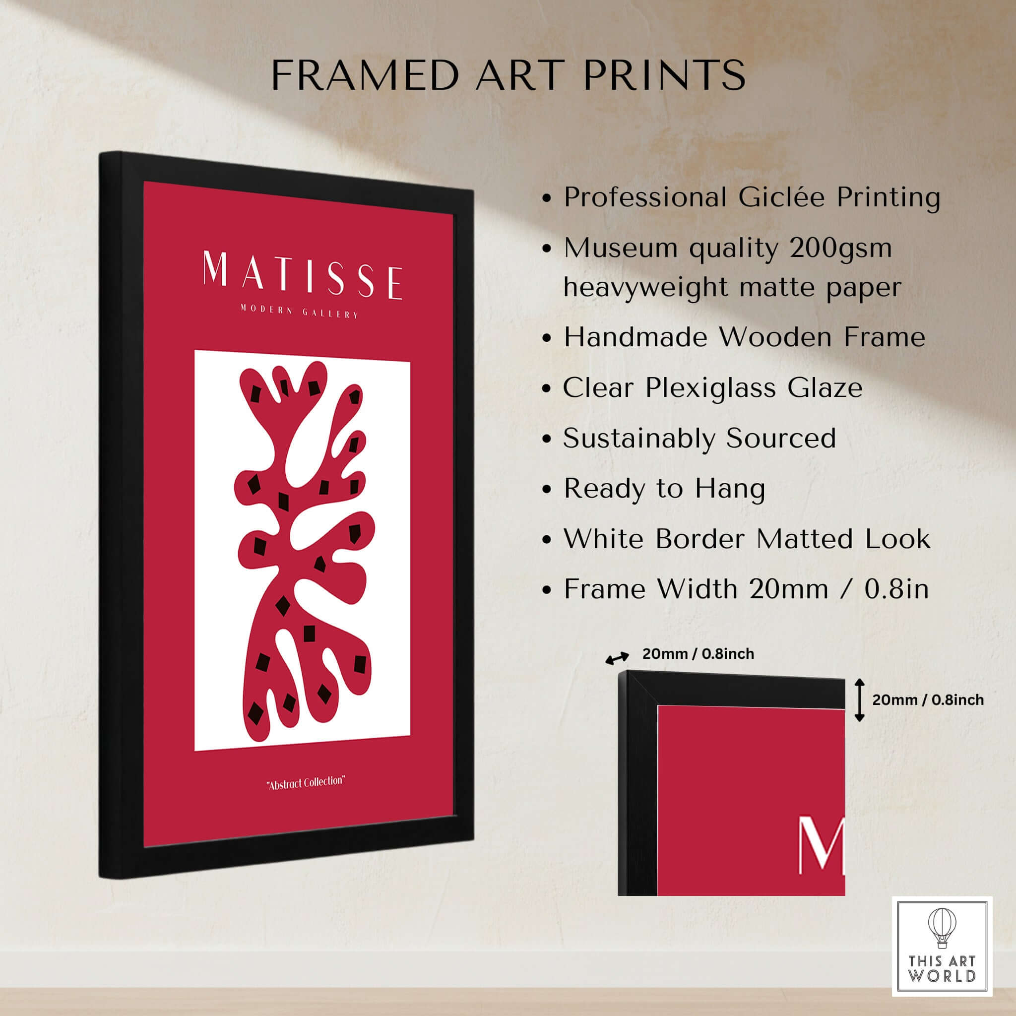Matisse Art Prints - Red Coral Abstract Black Diamonds Poster in a wooden frame with Giclée printing and clear Plexiglass.