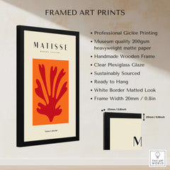 Matisse Art Prints - Red Leaf Abstract Orange Square Poster framed art print details including giclée printing and wooden frame.