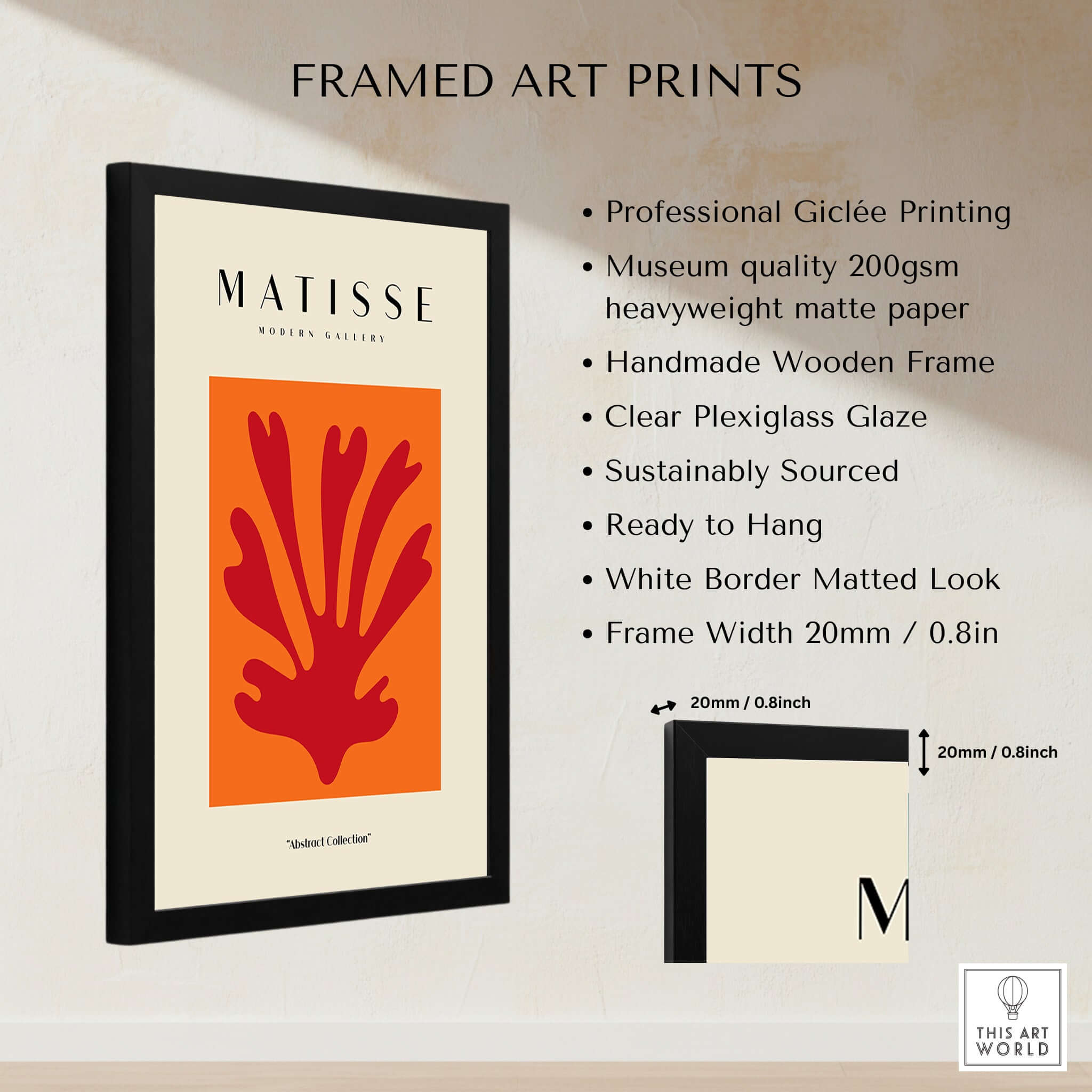 Matisse Art Prints - Red Leaf Abstract Orange Square Poster framed art print details including giclée printing and wooden frame.