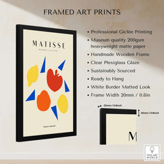 Matisse Art Prints - Abstract Fruit Shapes Blue Triangles Poster framed print showcasing colorful shapes and a sleek design.