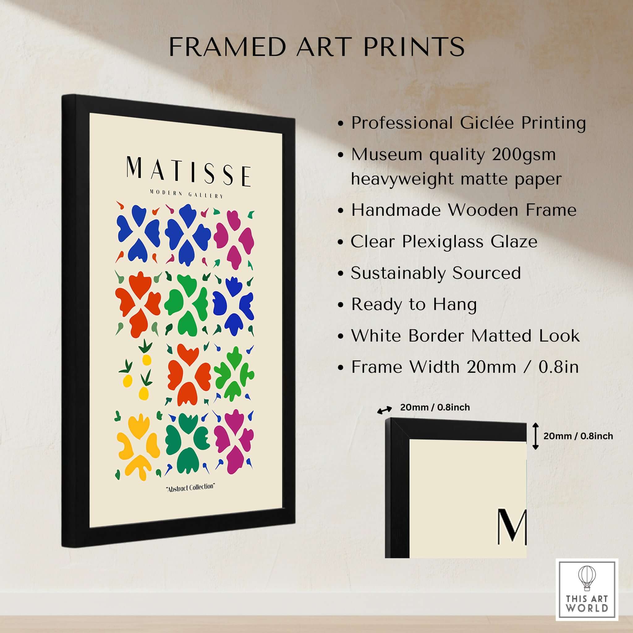 Matisse Art Prints - Abstract Floral Grid Poster showcasing vibrant colors and handmade wooden frame.