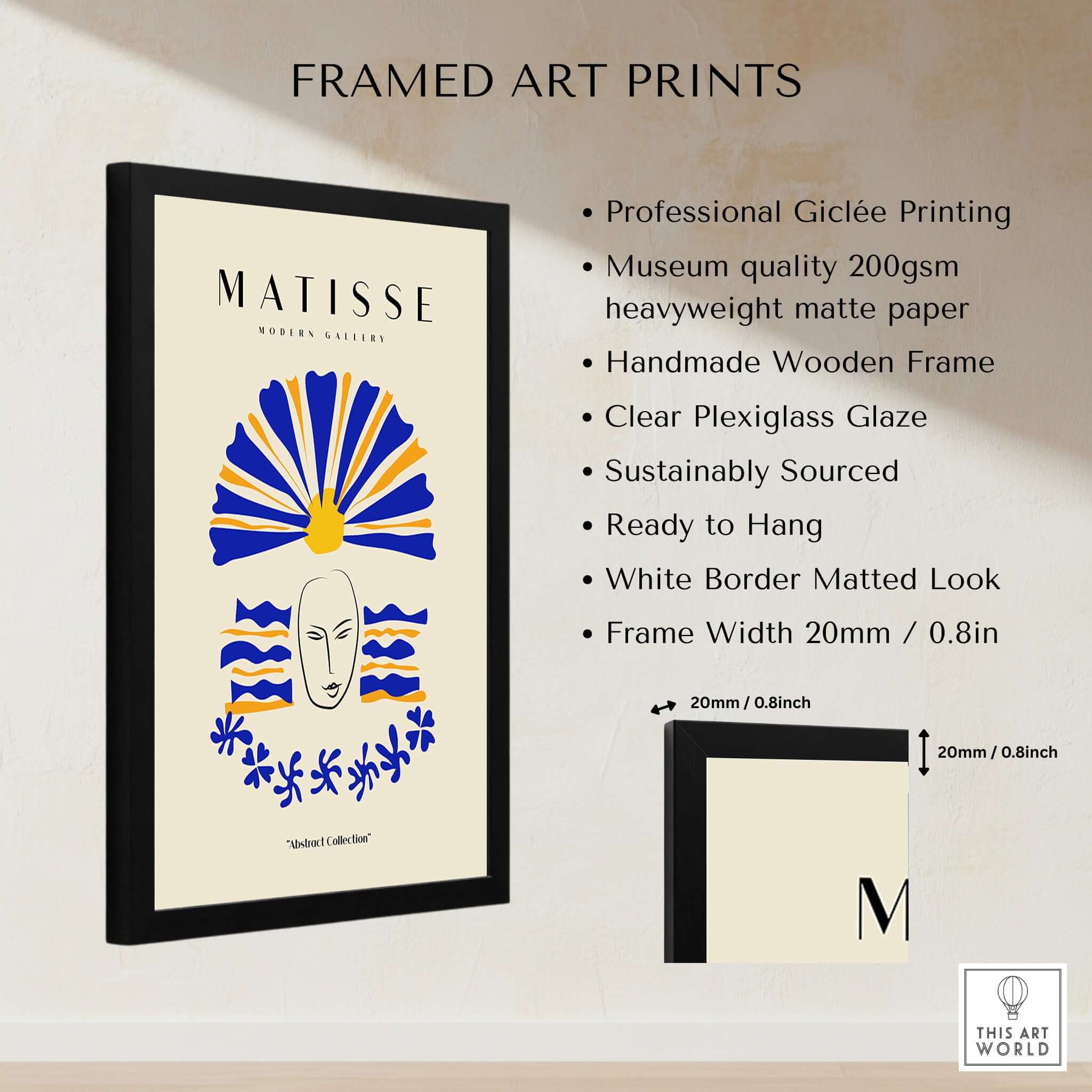 Matisse Art Prints -  Blue & Yellow Abstract Face in a sleek black frame with professional giclée printing.