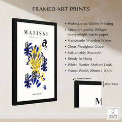 Matisse Art Prints - Abstract Floral Blue Yellow Black Poster featuring framed giclée print with museum quality paper and clear plexiglass.