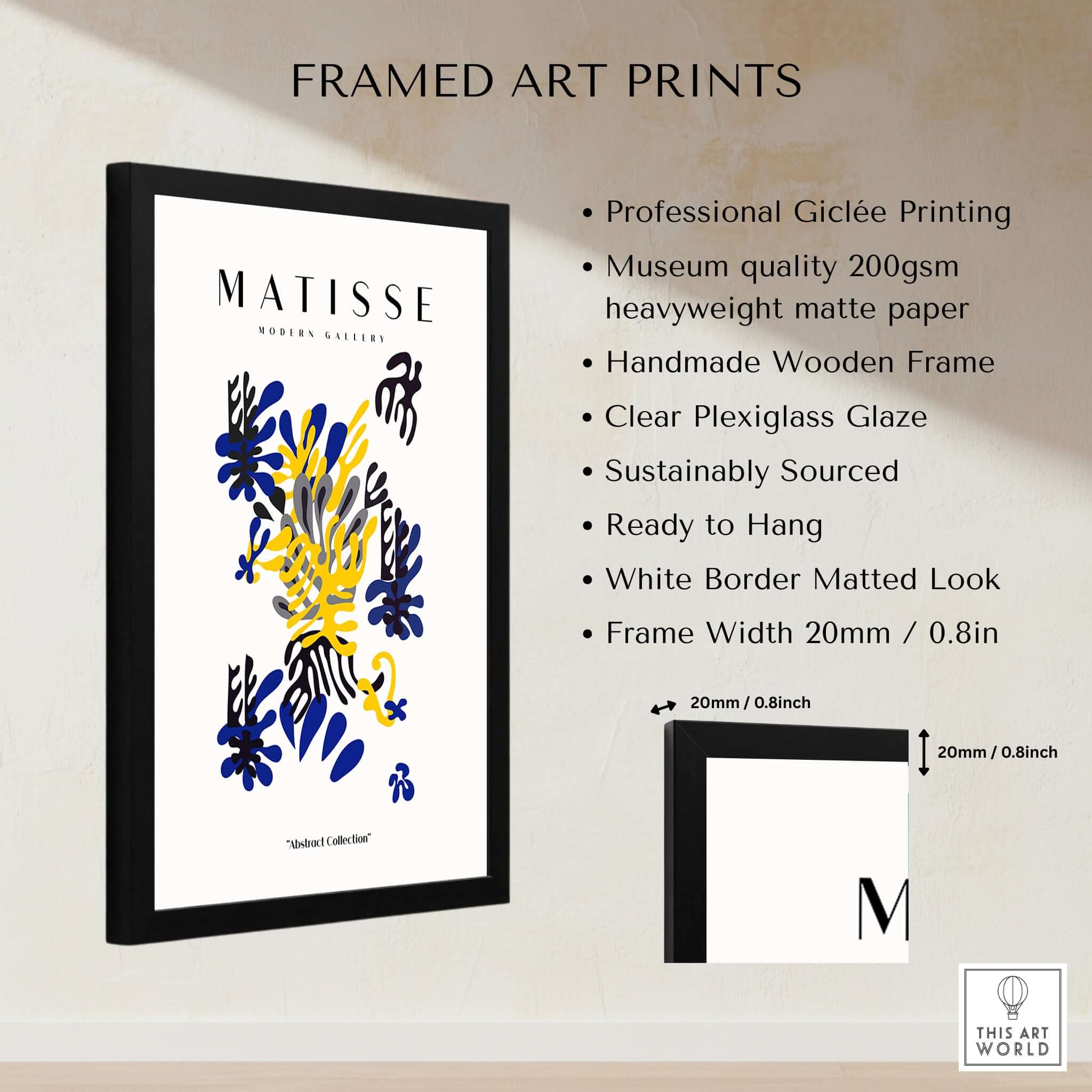 Matisse Art Prints - Abstract Floral Blue Yellow Black Poster featuring framed giclée print with museum quality paper and clear plexiglass.