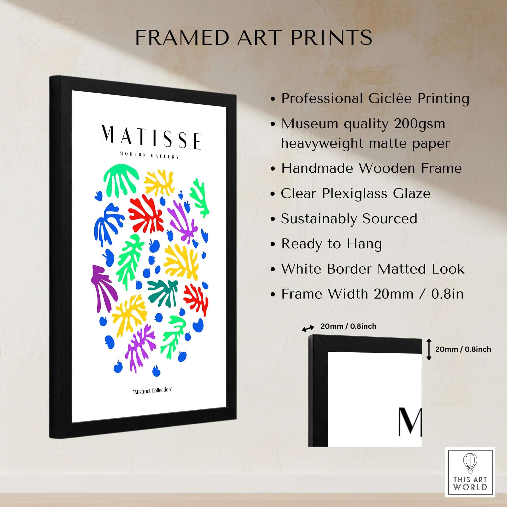 Matisse Art Prints - Colourful Scattered Abstract Leaves Dots Poster in a stylish frame with vibrant colors.