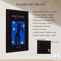 Matisse Art Prints - Icarus Black Figure with Stars Poster in a framed presentation with details on quality and sizing.