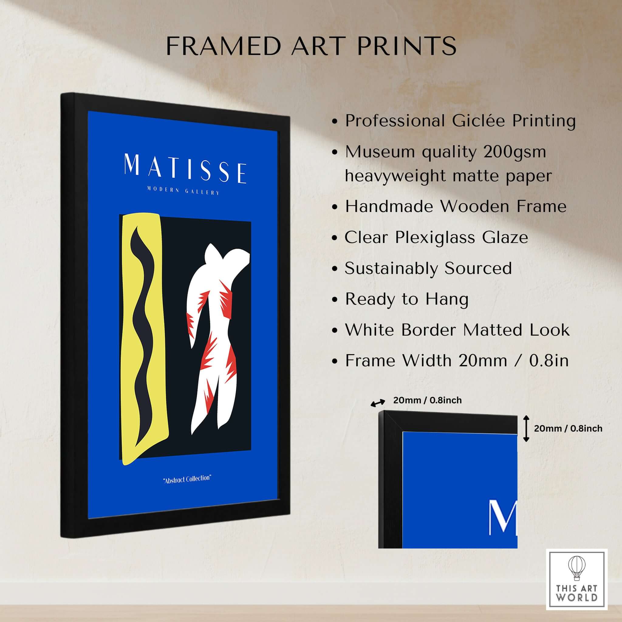 Matisse Art Prints - Icarus Jazz Abstract Art Print Blue showcased in a professional frame with details listed.