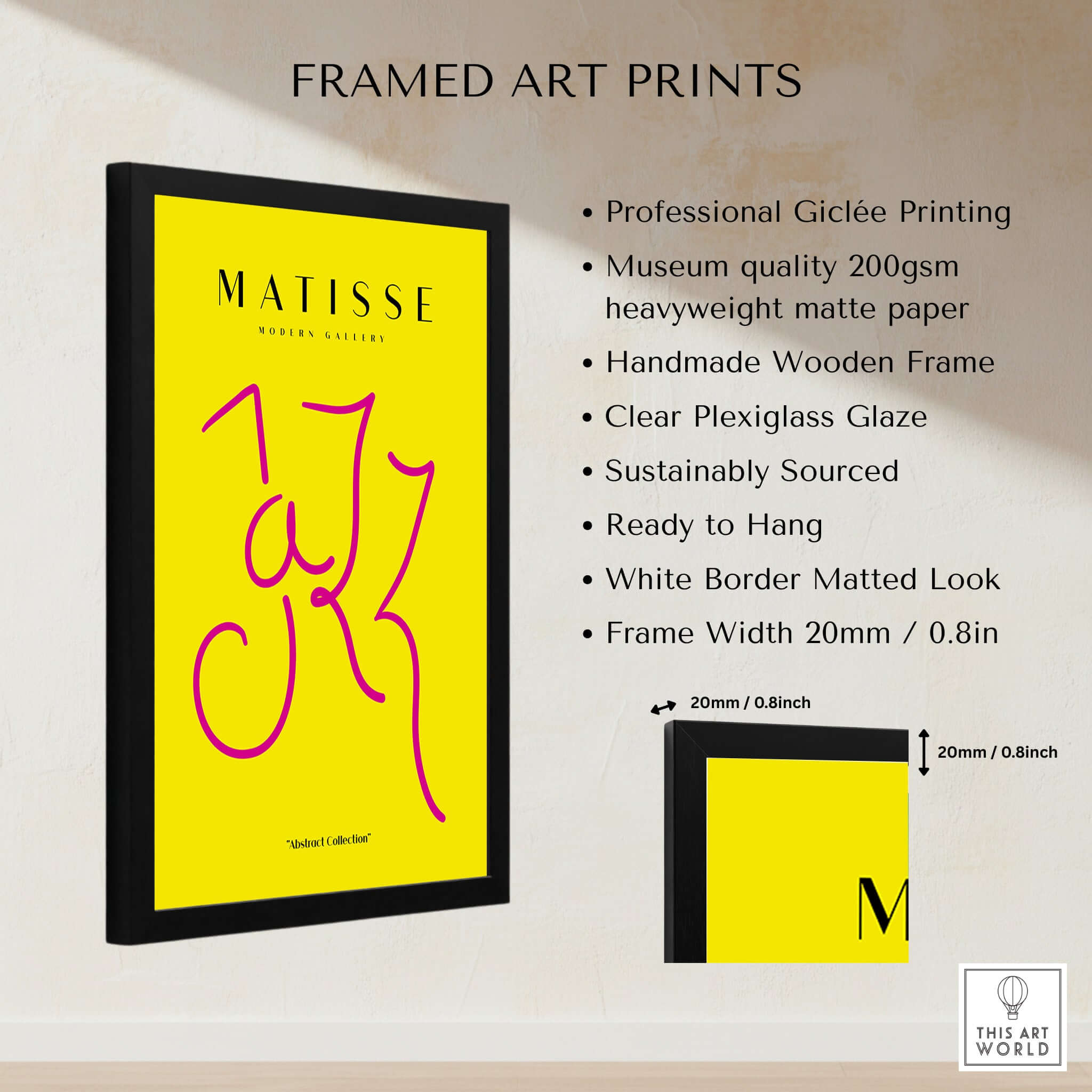Matisse Art Prints - Jazz Pink Lettering Yellow Poster Art framed in a modern black frame with a bright yellow background.