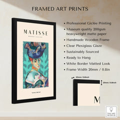 Matisse Art Prints - Woman Large Hat Portrait Teal Background Poster in framed design with clear plexiglass glaze.