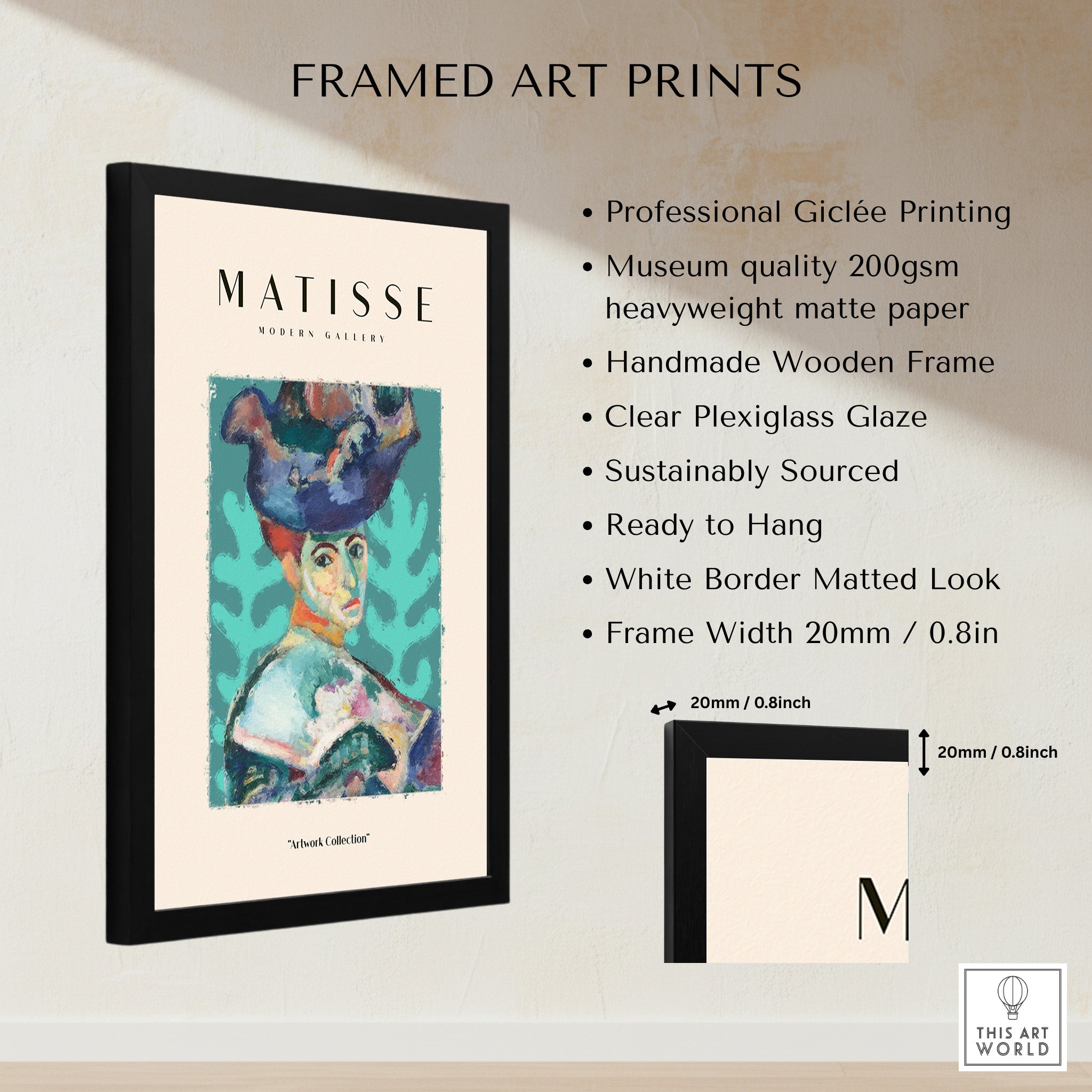 Matisse Art Prints - Woman Large Hat Portrait Teal Background Poster in framed design with clear plexiglass glaze.