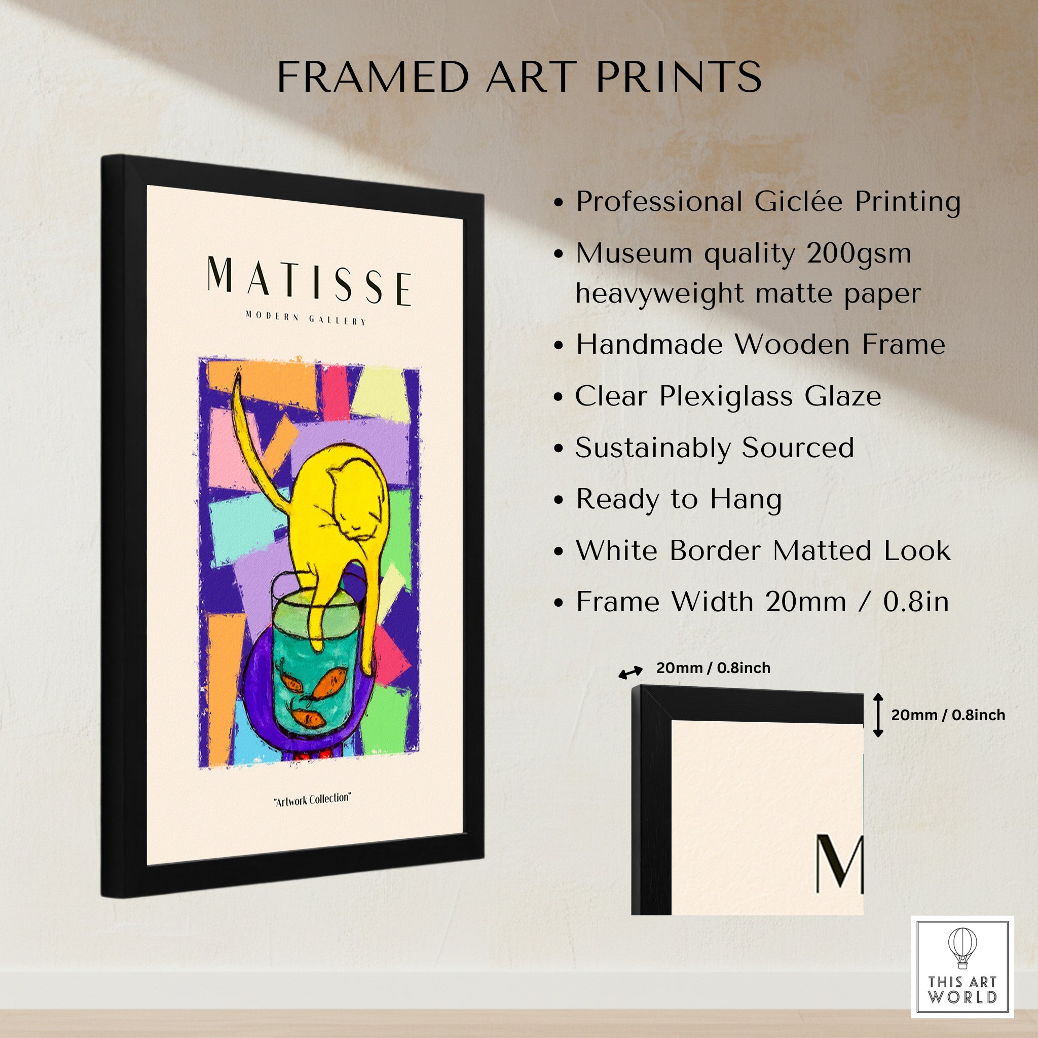 Matisse Art Prints - Yellow Cat with Fishbowl Geometric Poster displayed in a stylish black wooden frame with professional printing details.