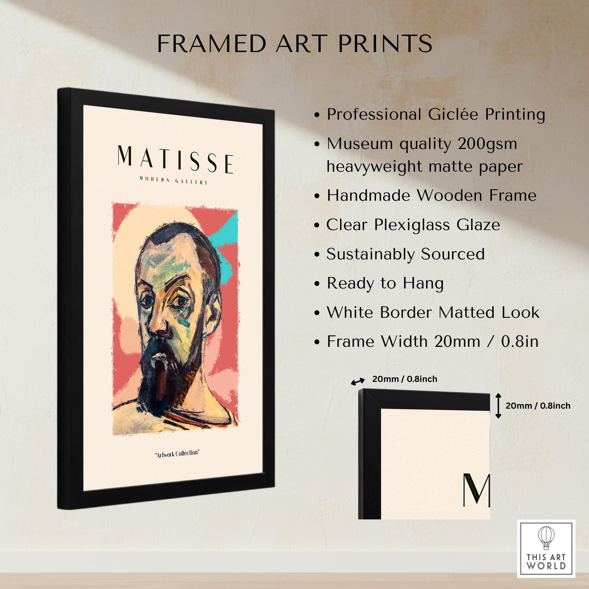 Matisse Art Prints - Expressive Self Portrait Poster framed art print with Giclée quality and vibrant colors.