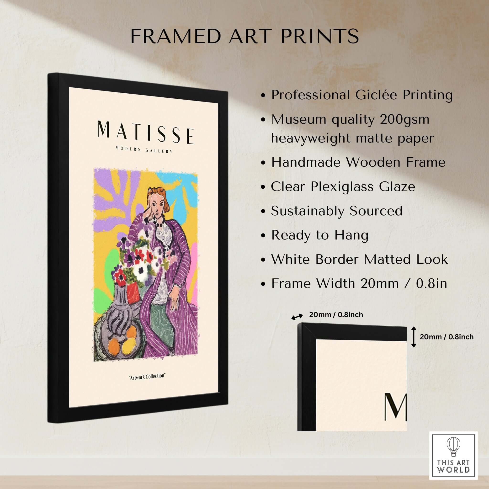 Matisse Art Prints - Stylized Woman with Flowers Fruit Still Life Interior Poster framed with clear plexiglass