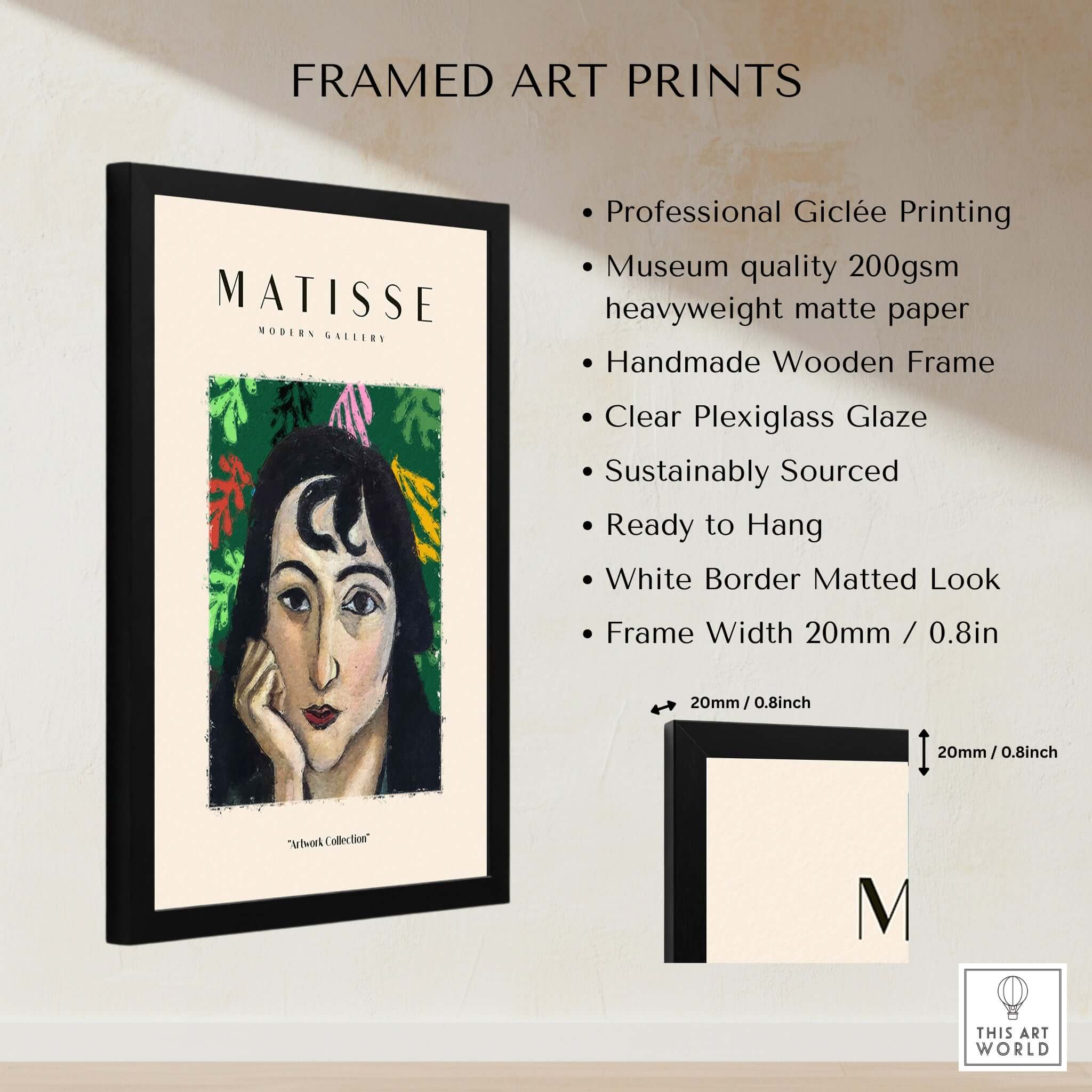 Matisse Art Prints - Pensive Woman Poster framed with professional Giclée printing and sustainable materials.