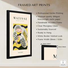 Matisse Art Prints - Resting Woman Patterned Blouse Yellow framed print with clear plexiglass and wooden frame.