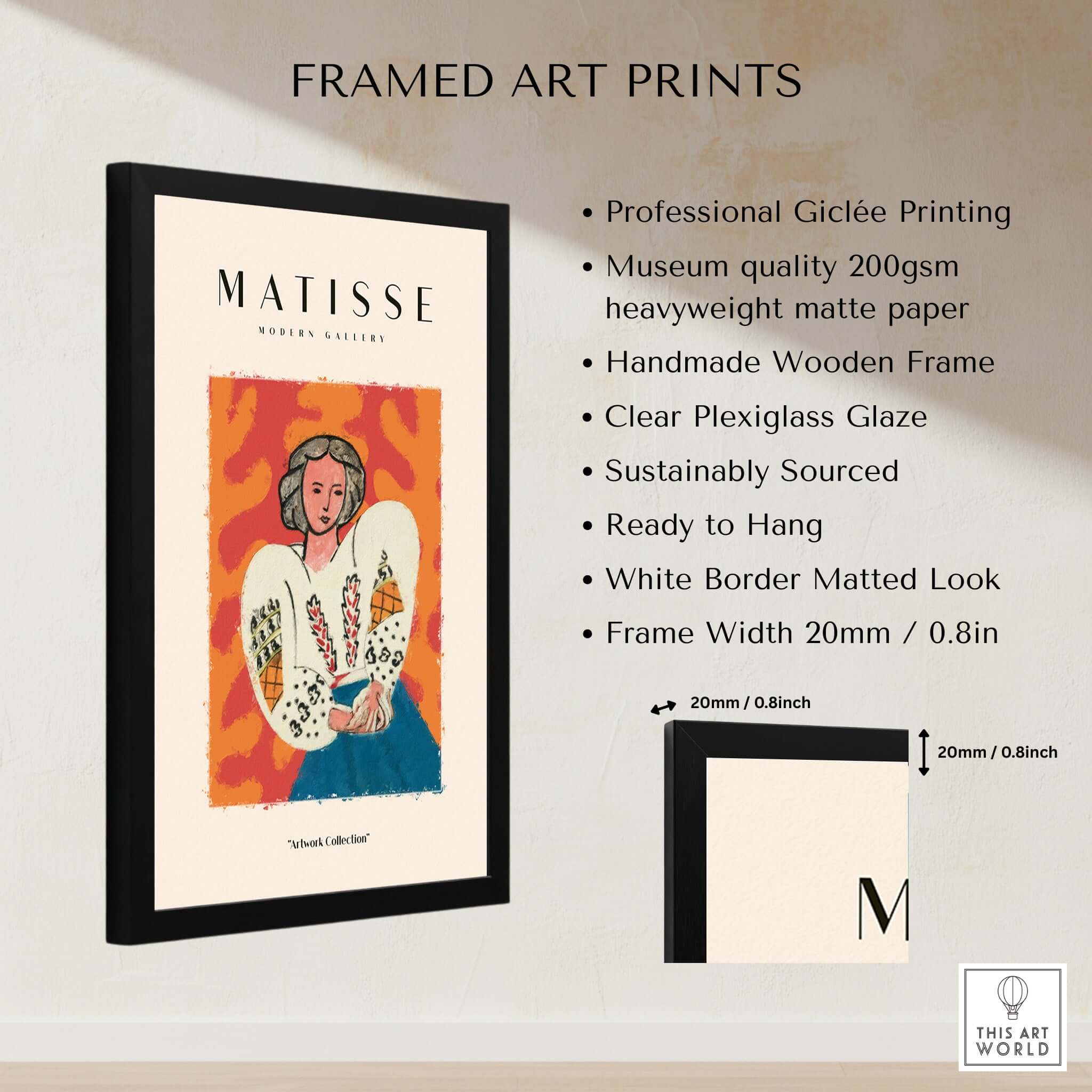 Matisse Art Prints - Woman White Blouse Blue Skirt Portrait Poster displayed in a professional frame with details.