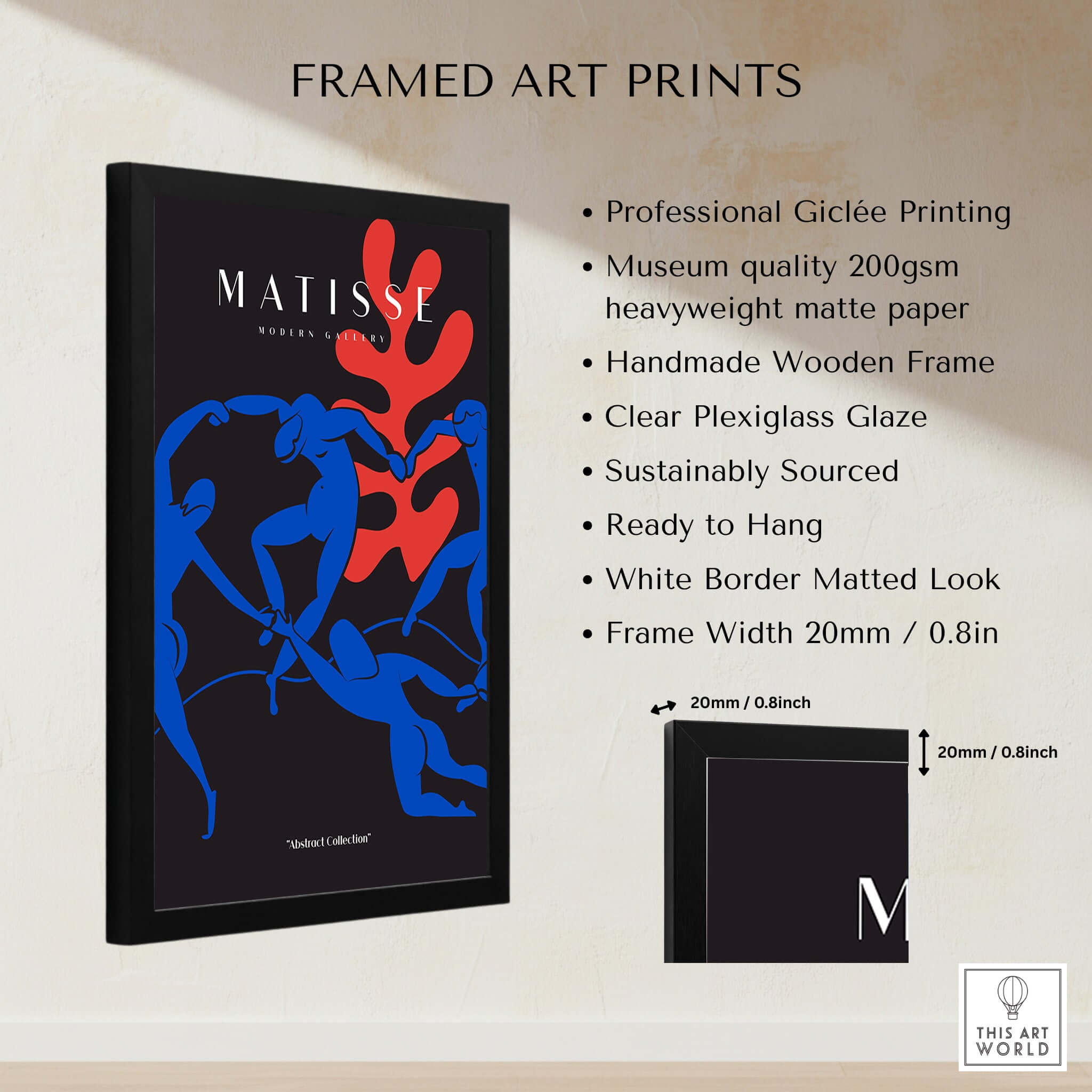 Matisse Art Prints - Dance Blue Figures Poster showcased in a professional frame with white border and plexiglass.