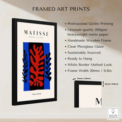 Matisse Art Prints -  Red Coral Black Leaves Blue Frame Poster displayed in a handmade wooden frame with clear plexiglass.