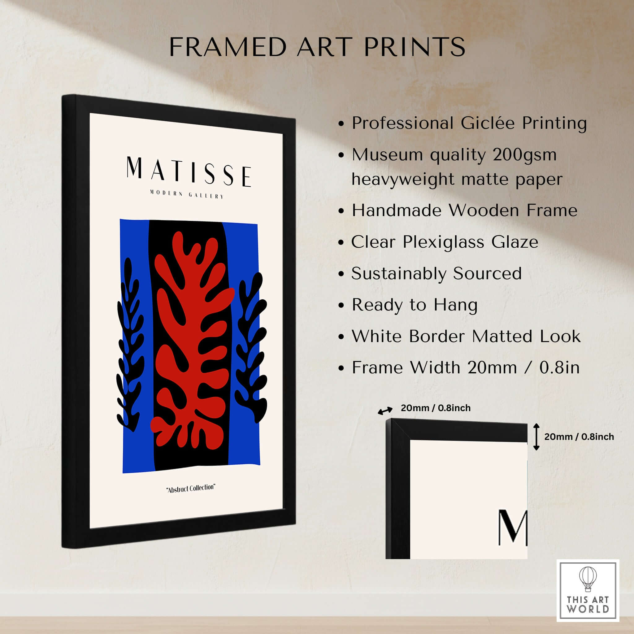 Matisse Art Prints -  Red Coral Black Leaves Blue Frame Poster displayed in a handmade wooden frame with clear plexiglass.