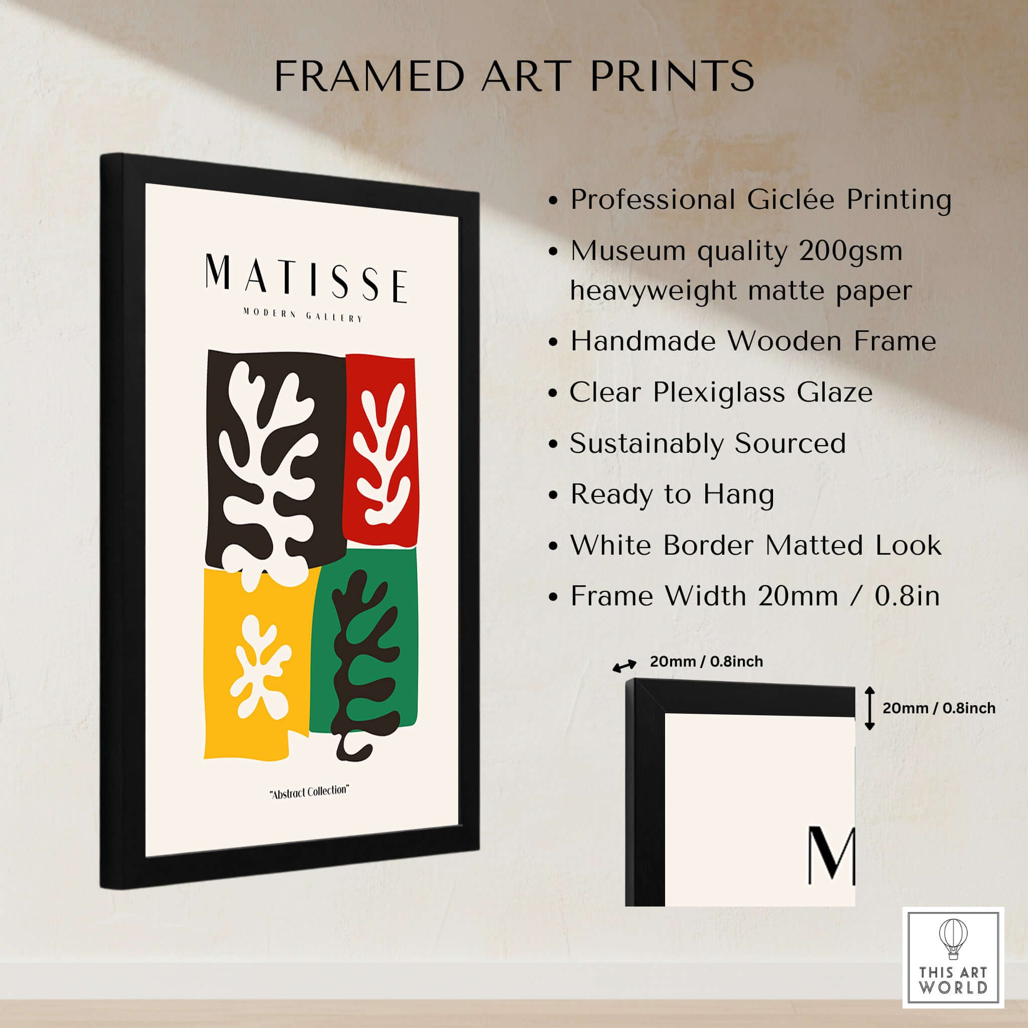 Matisse Art Prints - Four Blocks Abstract Leaves Color Poster framed with clear glaze and professional giclée printing