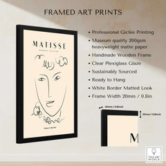 Matisse Art Prints -  Line Art Face Curly Hair Minimalist Poster displayed in a black wooden frame with a clean beige background.
