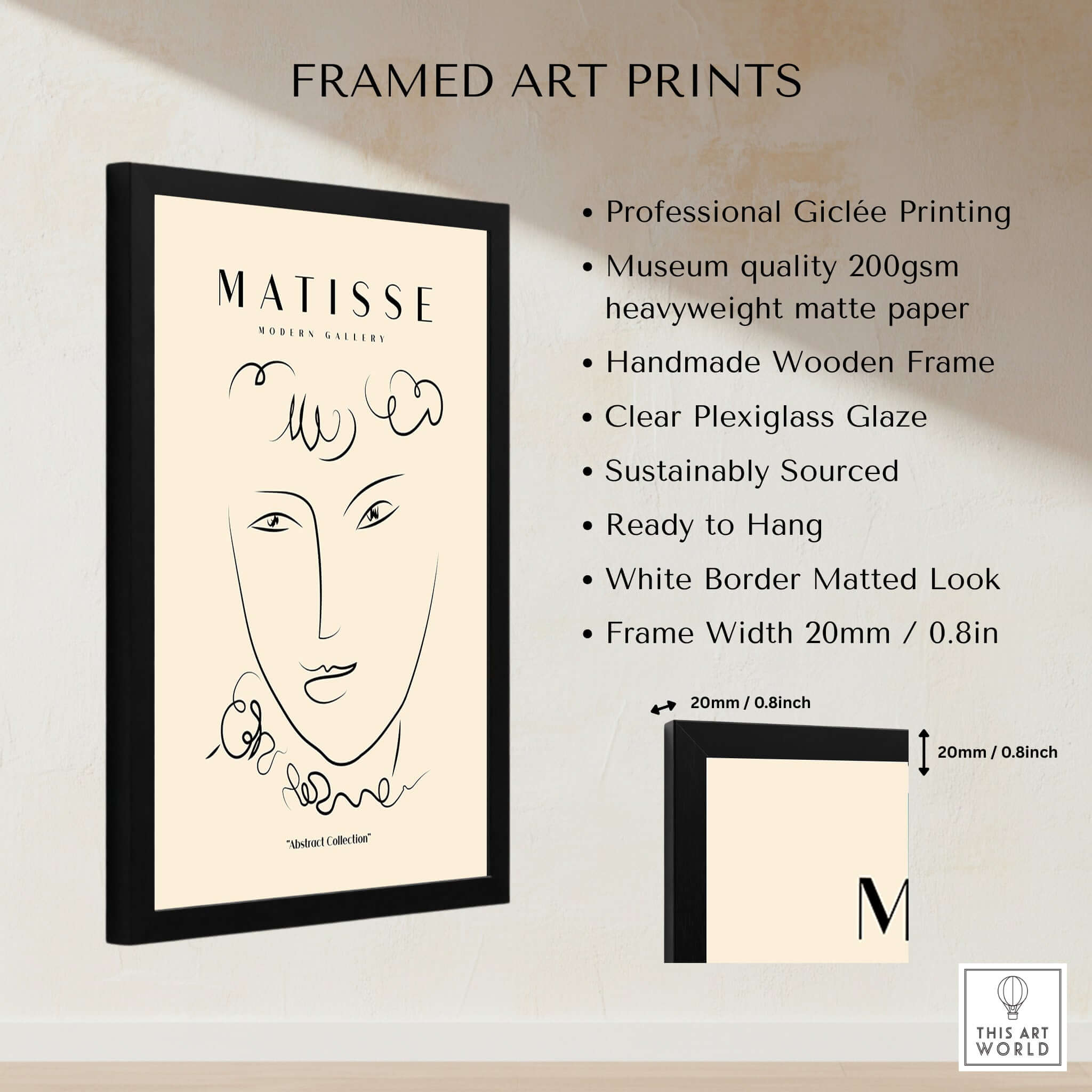 Matisse Art Prints -  Line Art Face Curly Hair Minimalist Poster displayed in a black wooden frame with a clean beige background.