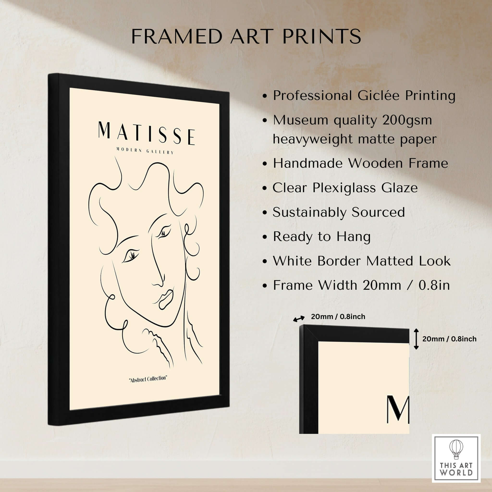 Matisse Art Prints - Line Art Ladies Face with Wavy Hair Minimalist Poster framed on a wall showcasing its features.