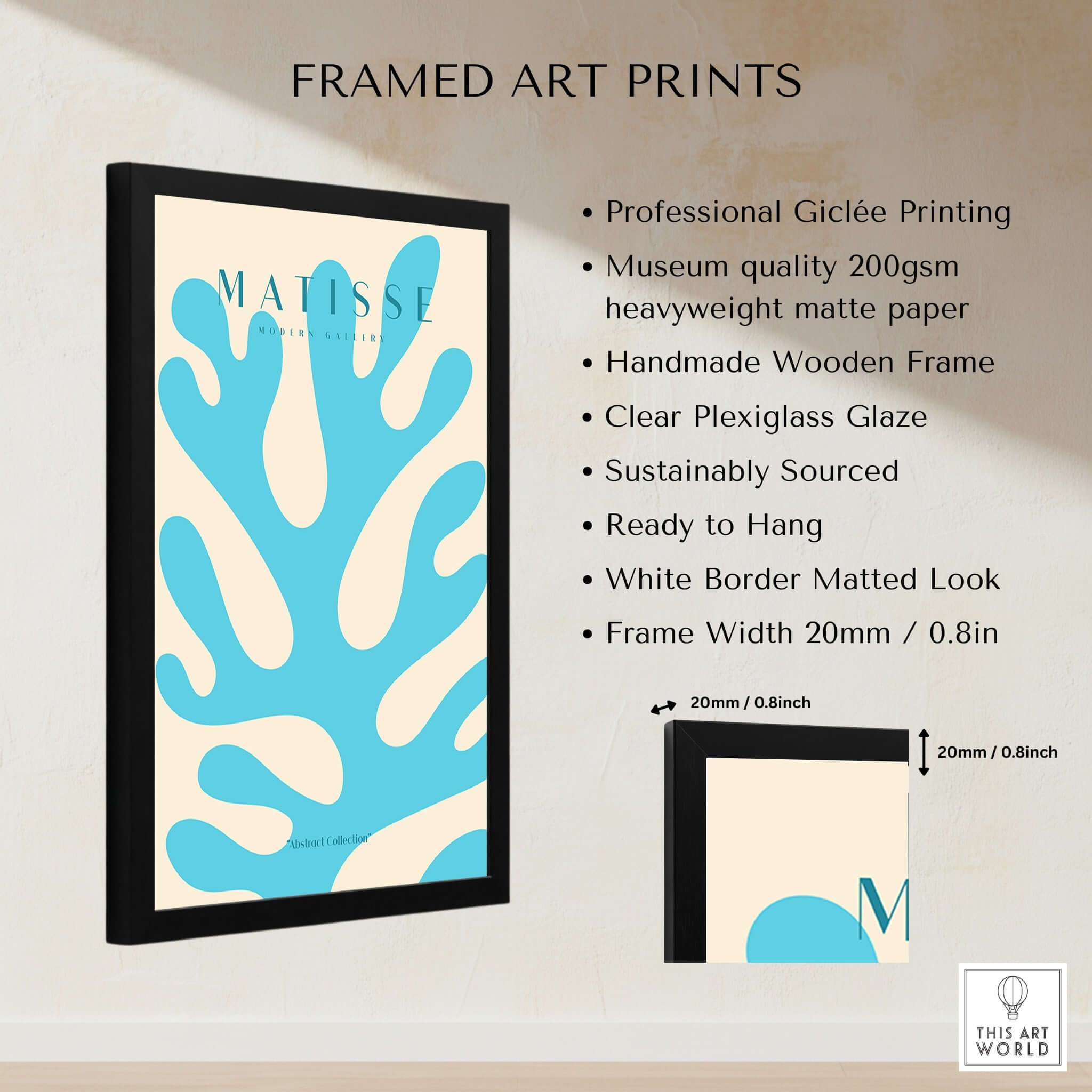 Matisse Art Prints -  Blue Coral Abstract Botanical Art Print Poster framed with professional giclée printing and wooden frame