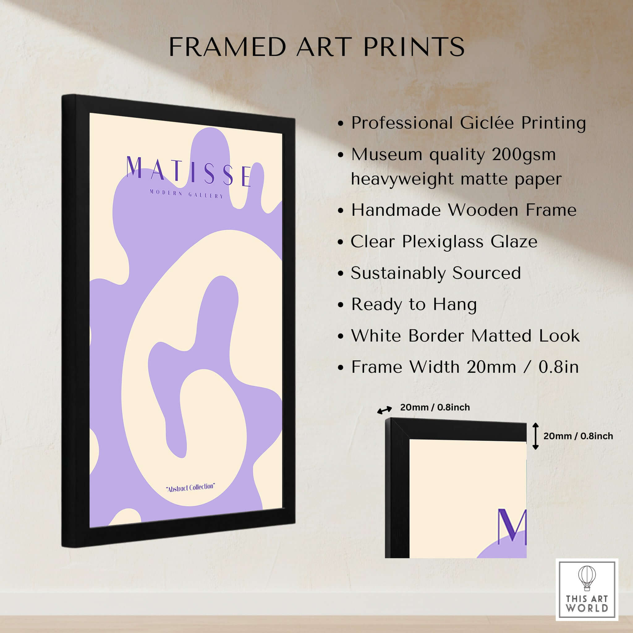 Matisse Art Prints - Lavender Abstract Fluid Organic Shape Poster displayed in a professional wooden frame with matte finish.