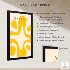 Matisse Art Prints -   Yellow Abstract Fluid Shape Poster framed with a wooden frame and plexiglass, showcasing vibrant colors.
